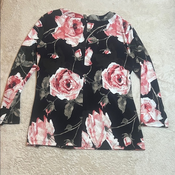 Karl Lagerfeld Black and Pink Rose Stretch Blouse with Bow and Zipper sz est L - Picture 8 of 10